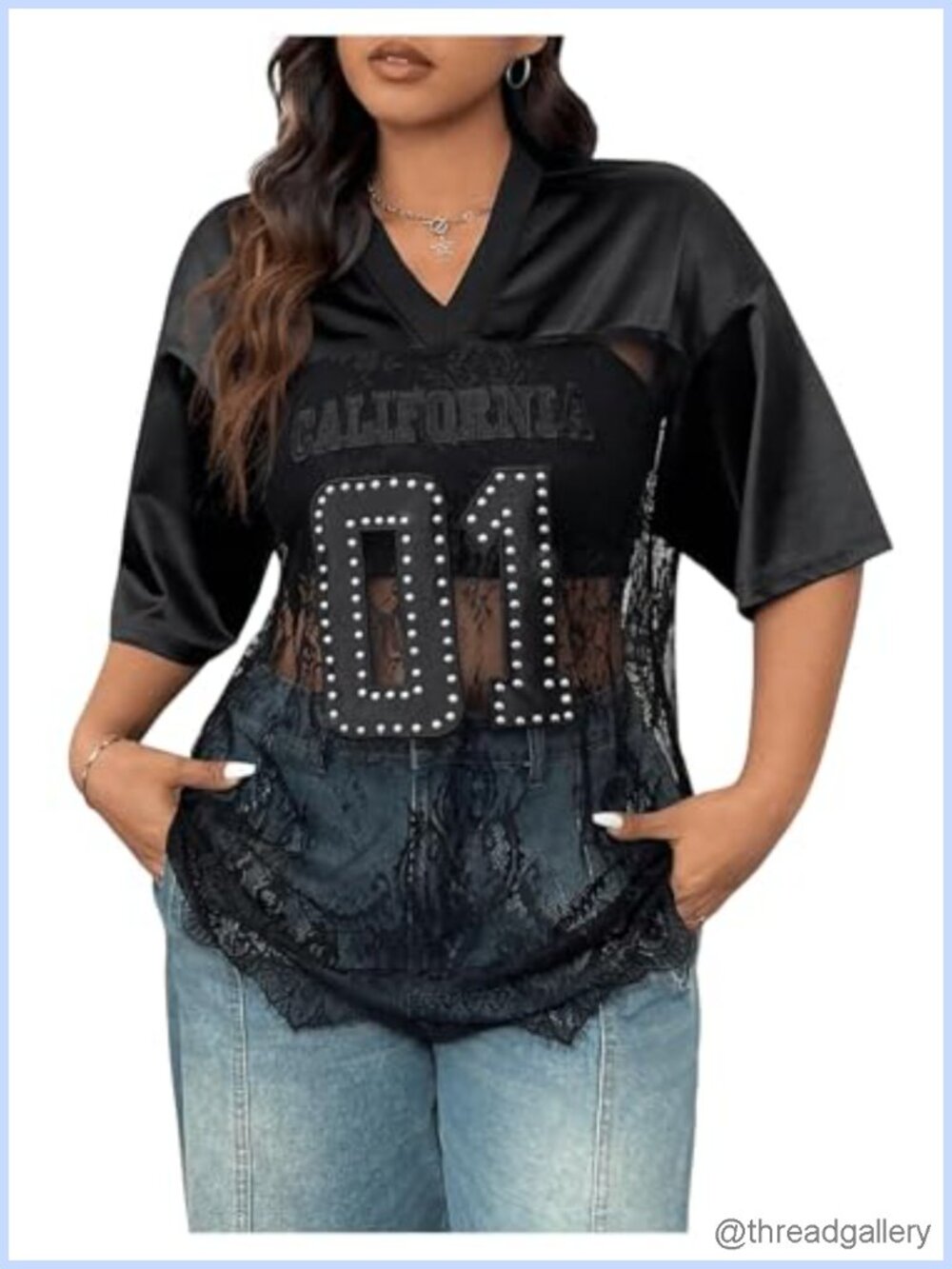 Plus Size Letter Print Lace Sheer Mesh Jersey Tee V Neck Short Sleeve Top
